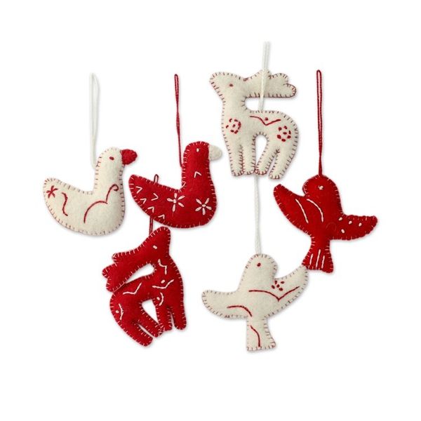 Alternate image for White and Red Animal Themed Felt Ornaments Set of 6 Christmas Wishes