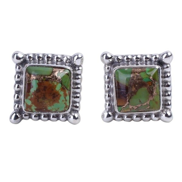 Alternate image for Composite Green Turquoise Stud Earrings Handmade in India Magical Green