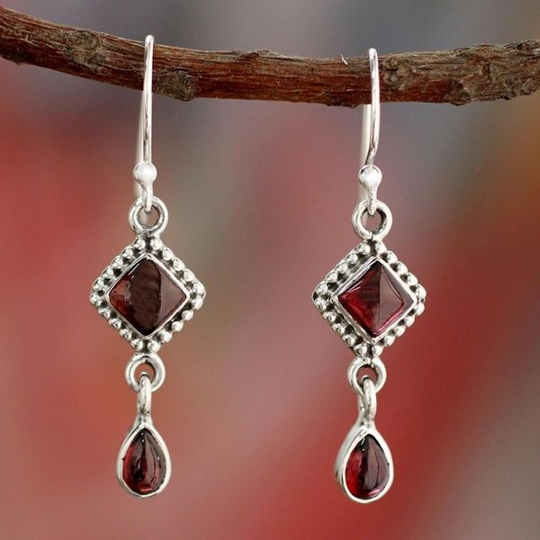 Alternate image for Natural Garnet and Sterling Silver Earrings Indian Jewelry Fire of Love