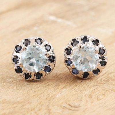 Alternate image for Rhodium-Plated Blue Topaz and Sapphire Stud Earrings Blue Fire