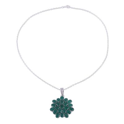 Alternate image for Rhodium Plated Green Onyx Floral Pendant Necklace from India Verdant Brilliance