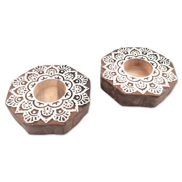 Alternate image for Hand Crafted Wood Tealight Candle Holders Pair Magic Belief