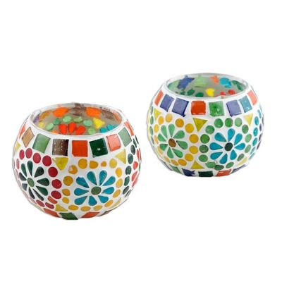 Alternate image for Cheerful Multicolored Glass Mosaic Tealight Holders Pair Rainbow Cheer
