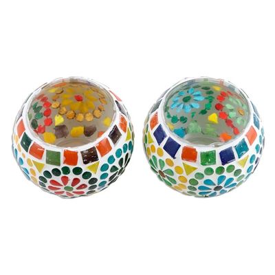 Alternate image for Cheerful Multicolored Glass Mosaic Tealight Holders Pair Rainbow Cheer