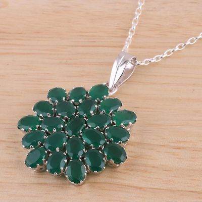 Alternate image for Rhodium Plated Green Onyx Floral Pendant Necklace from India Verdant Brilliance