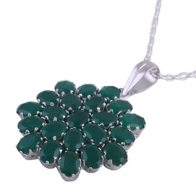 Alternate image for Rhodium Plated Green Onyx Floral Pendant Necklace from India Verdant Brilliance