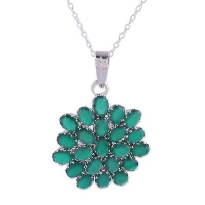 Alternate image for Rhodium Plated Green Onyx Floral Pendant Necklace from India Verdant Brilliance