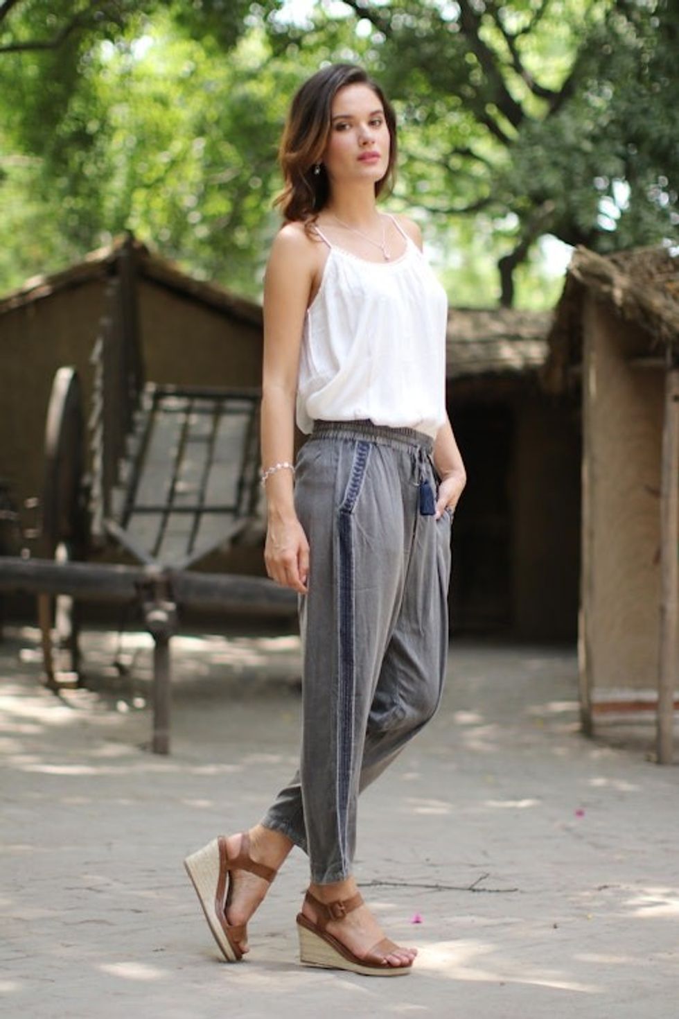 Dusty Grey Viscose Pants with Navy Accents from India 'Navy Sophistication'