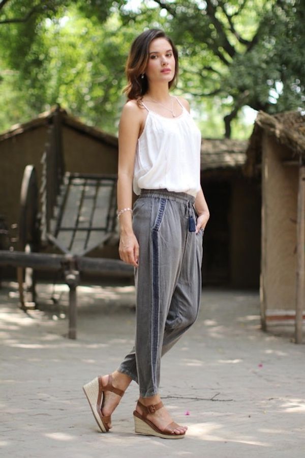 Alternate image for Dusty Grey Viscose Pants with Navy Accents from India Navy Sophistication