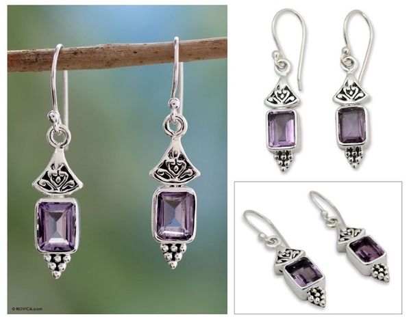 Alternate image for Handcrafted Indian Sterling Silver and Amethyst Earrings Lilac Lantern