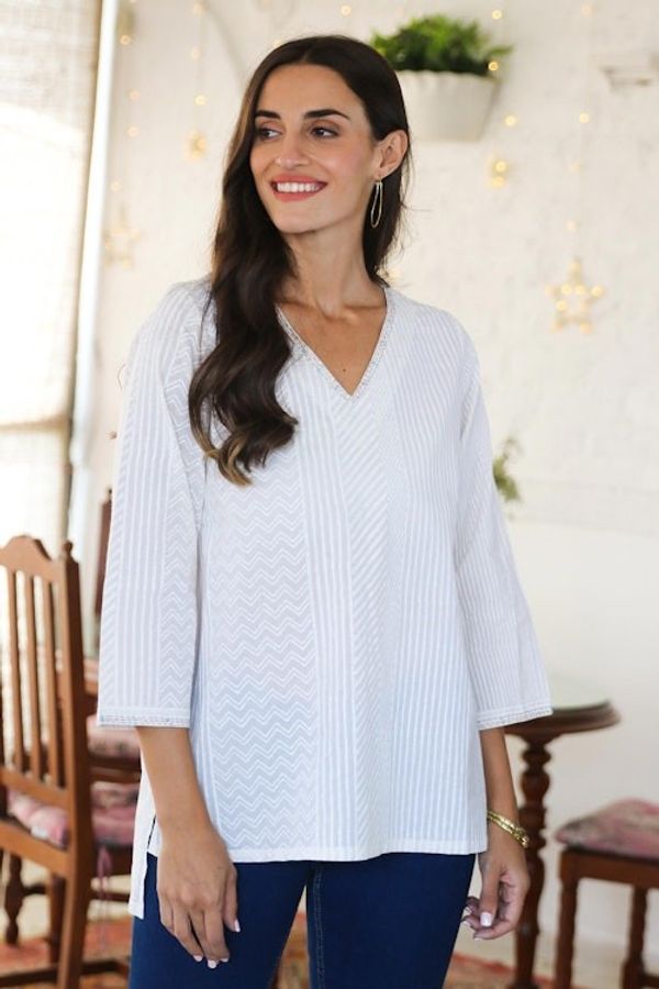 Alternate image for Striped Block-Printed Cotton Tunic with Kantha Stitching Variety of Stripes