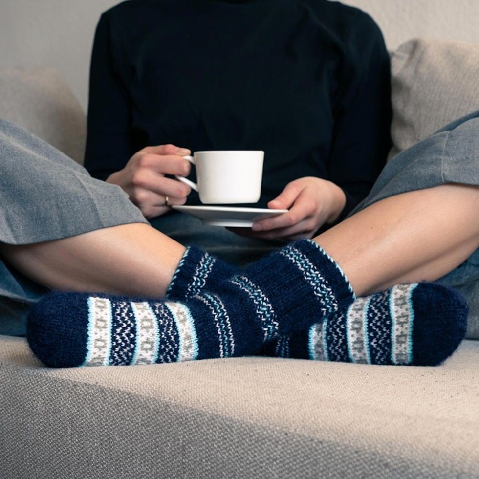 Hand-Knit Midnight Blue Thick Slipper Style Socks from India 'Midnight Frost'