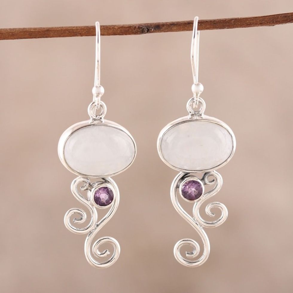 Rainbow Moonstone and Amethyst Earrings from India 'Oval Tendrils'