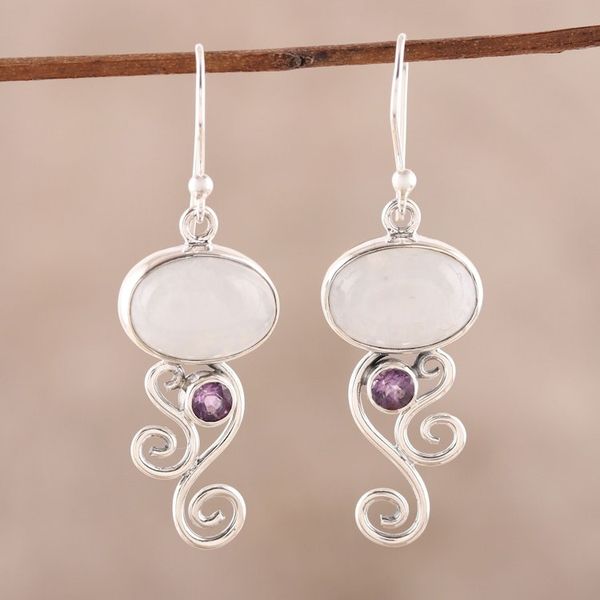 Alternate image for Rainbow Moonstone and Amethyst Earrings from India Oval Tendrils