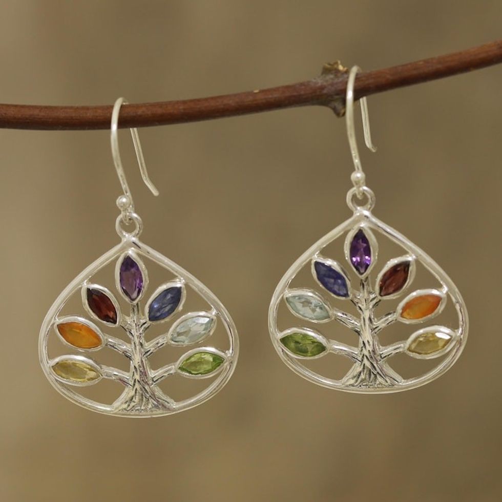 Multi-Gemstone Chakra Tree Dangle Earrings from India 'Energy Tree'