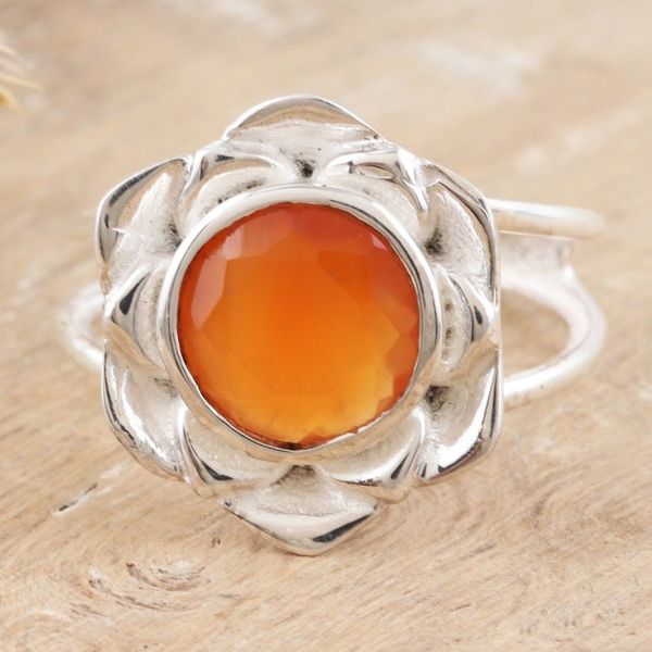 Alternate image for Faceted Two-Carat Carnelian Lotus Cocktail Ring from India Evening Lotus