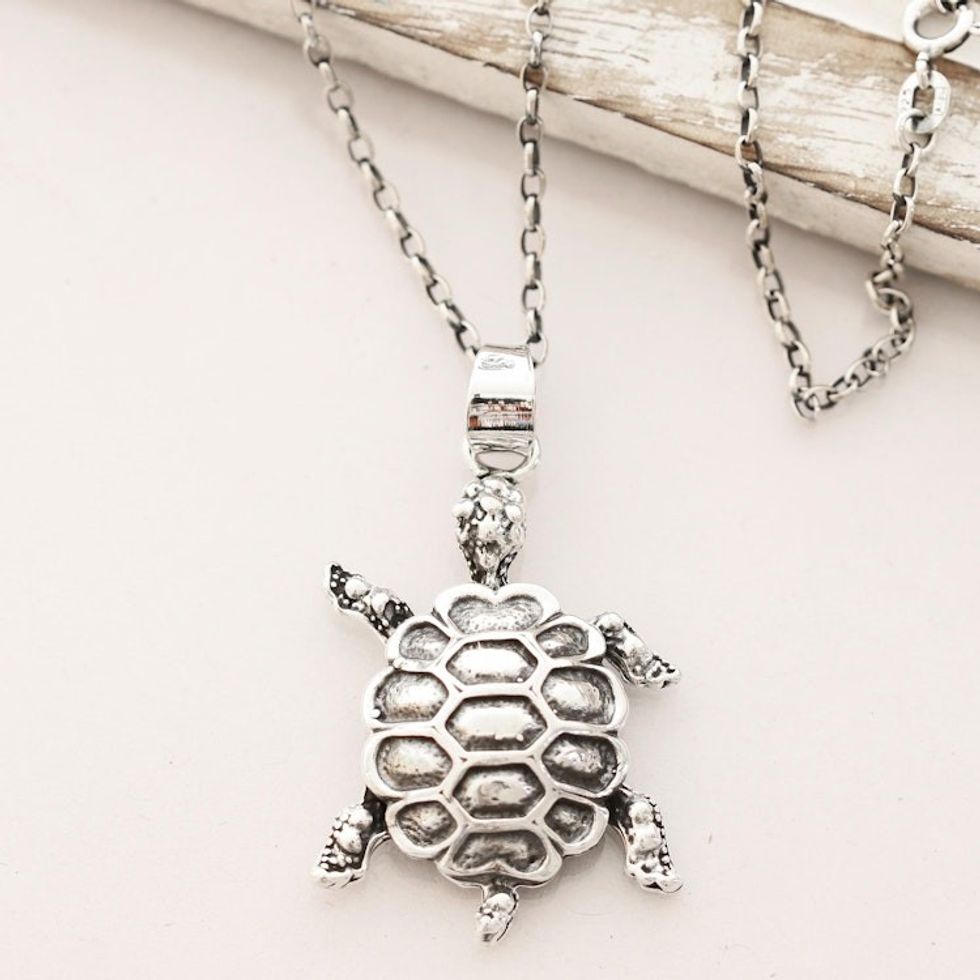 Sterling Silver Turtle Pendant Necklace from India 'Turtle Friend'