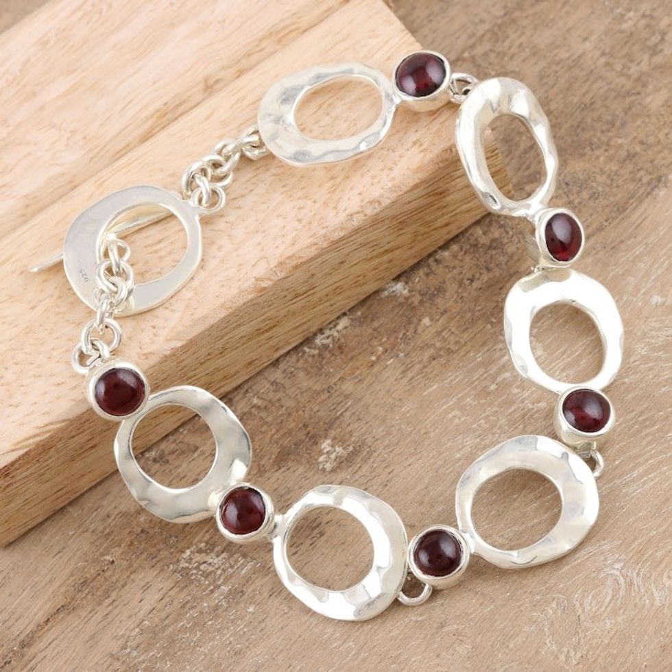Indian Garnet and Sterling Silver Link Bracelet 'Every Other Heartbeat'