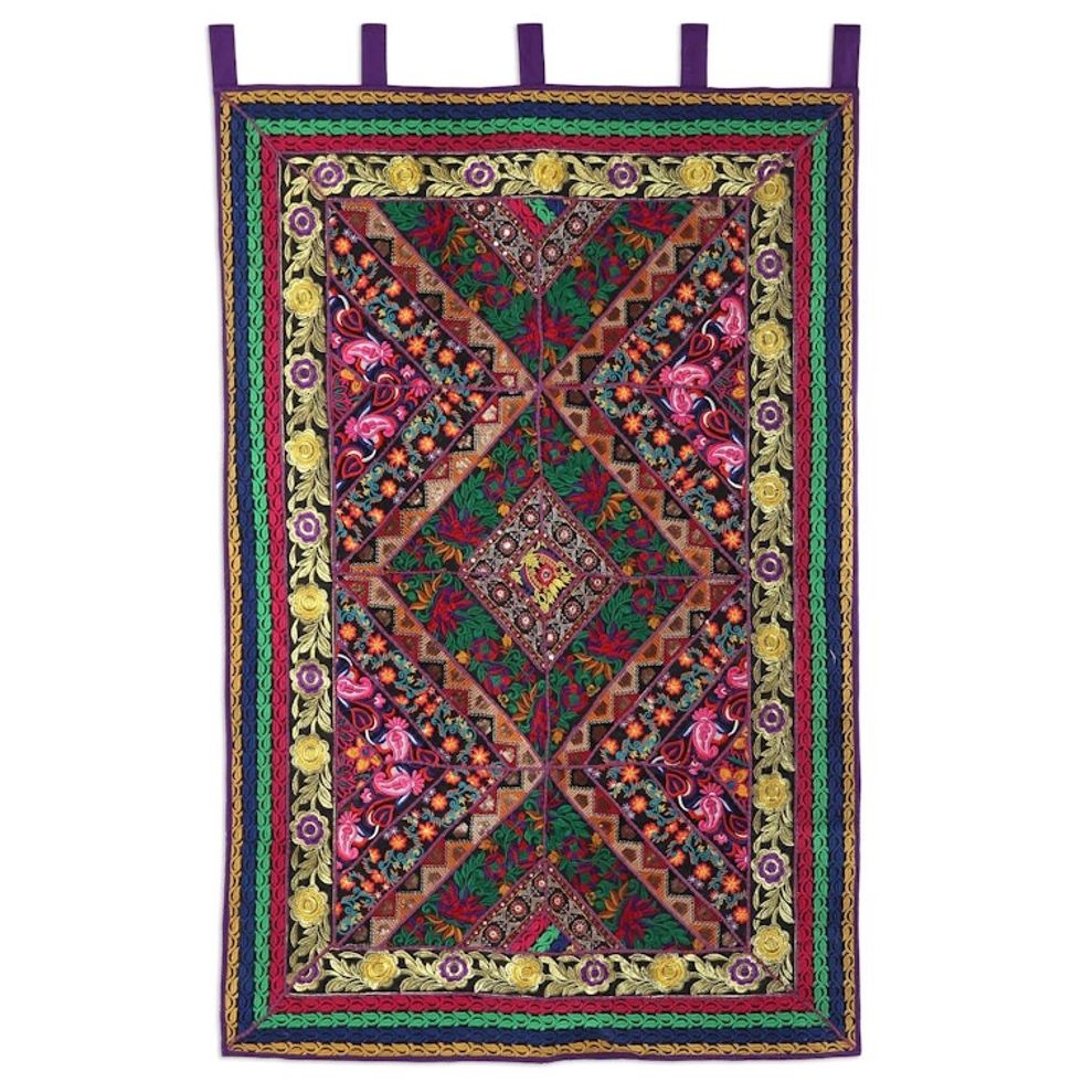 Floral Geometric Recycled Cotton Blend Wall Hanging 'Floral Window'