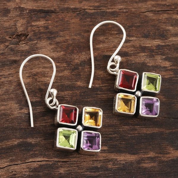 Alternate image for Multicolored Gemstone Flower Dangle Earrings Sparkling Flower