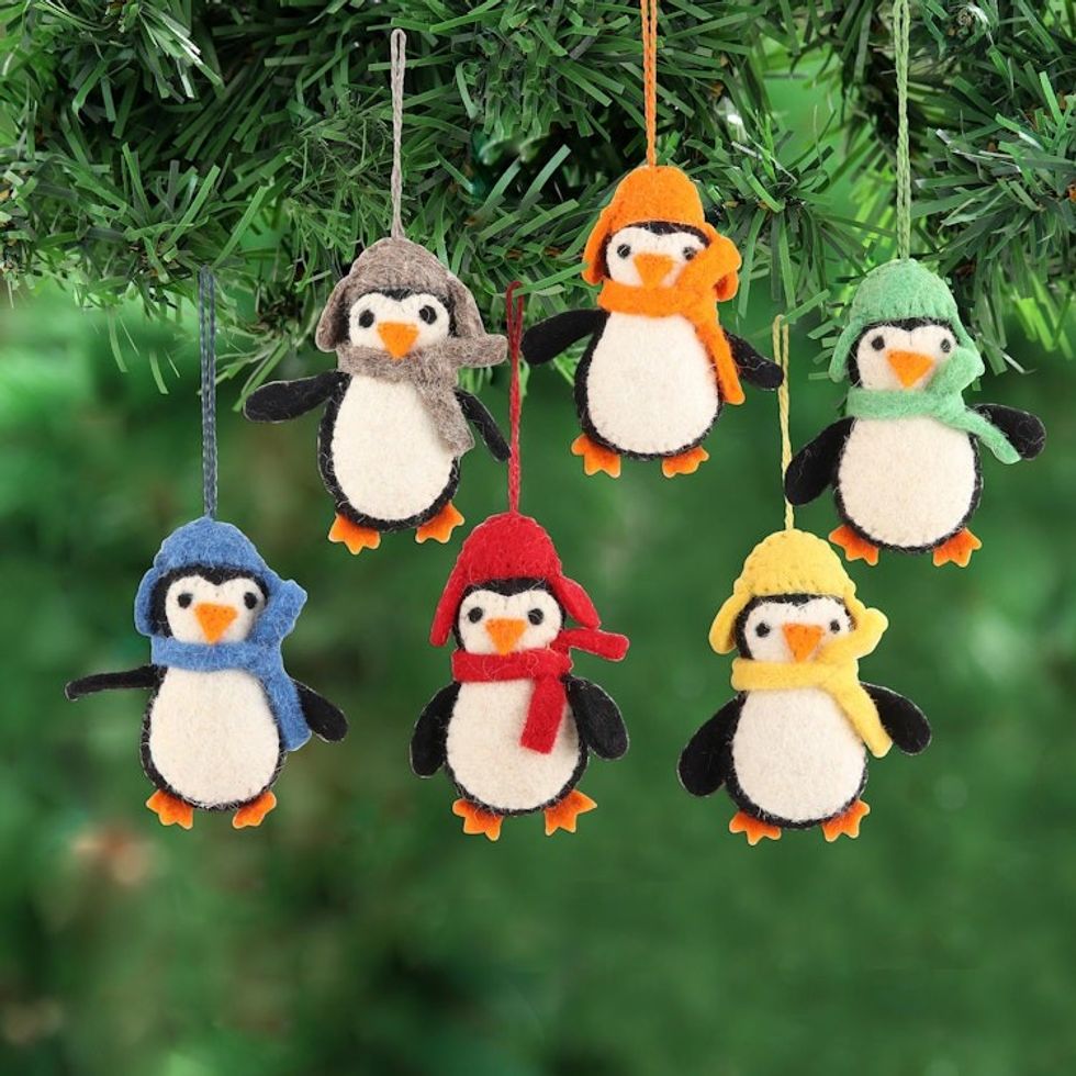 Handmade Felted Wool Penguin ornaments Set of 6 'Cozy Penguins'