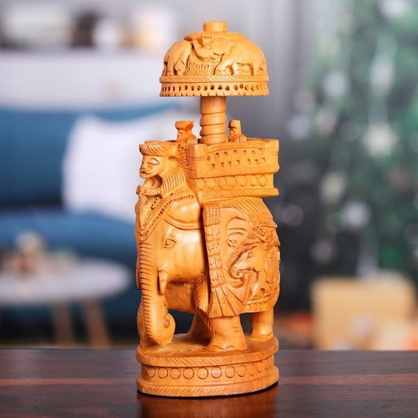 Alternate image for Hand-Carved Classic Elephant Kadam Wood Sculpture Small Majestic Heritage