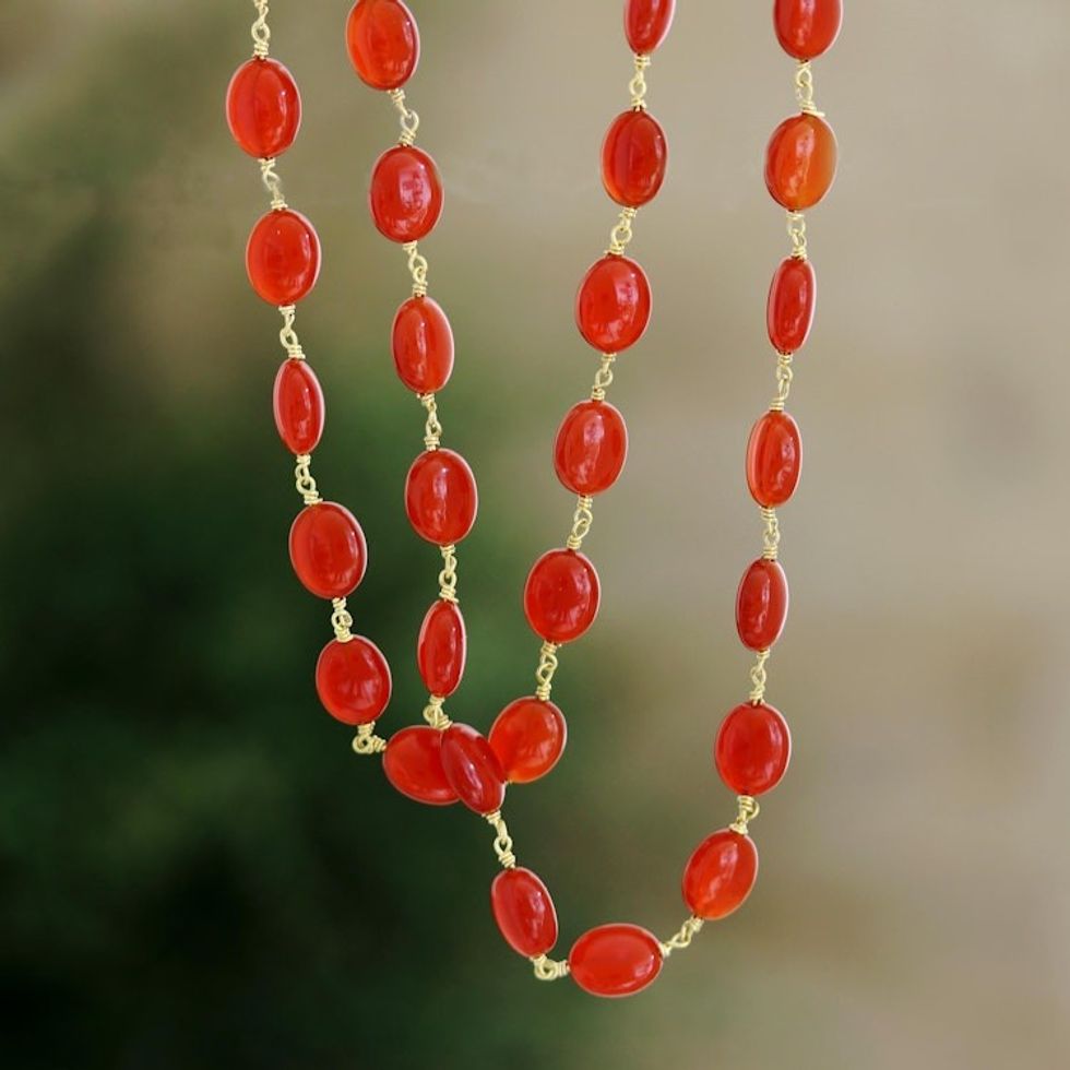 Hand Made Gold Plated Carnelian Beaded Necklace from India 'Flaming Romance'