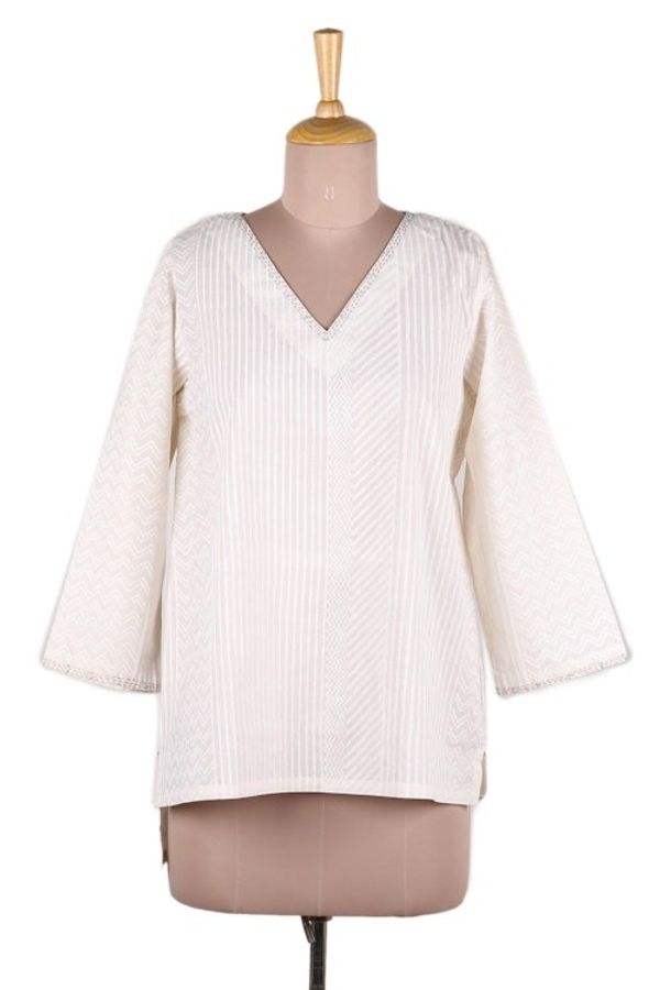 Alternate image for Striped Block-Printed Cotton Tunic with Kantha Stitching Variety of Stripes