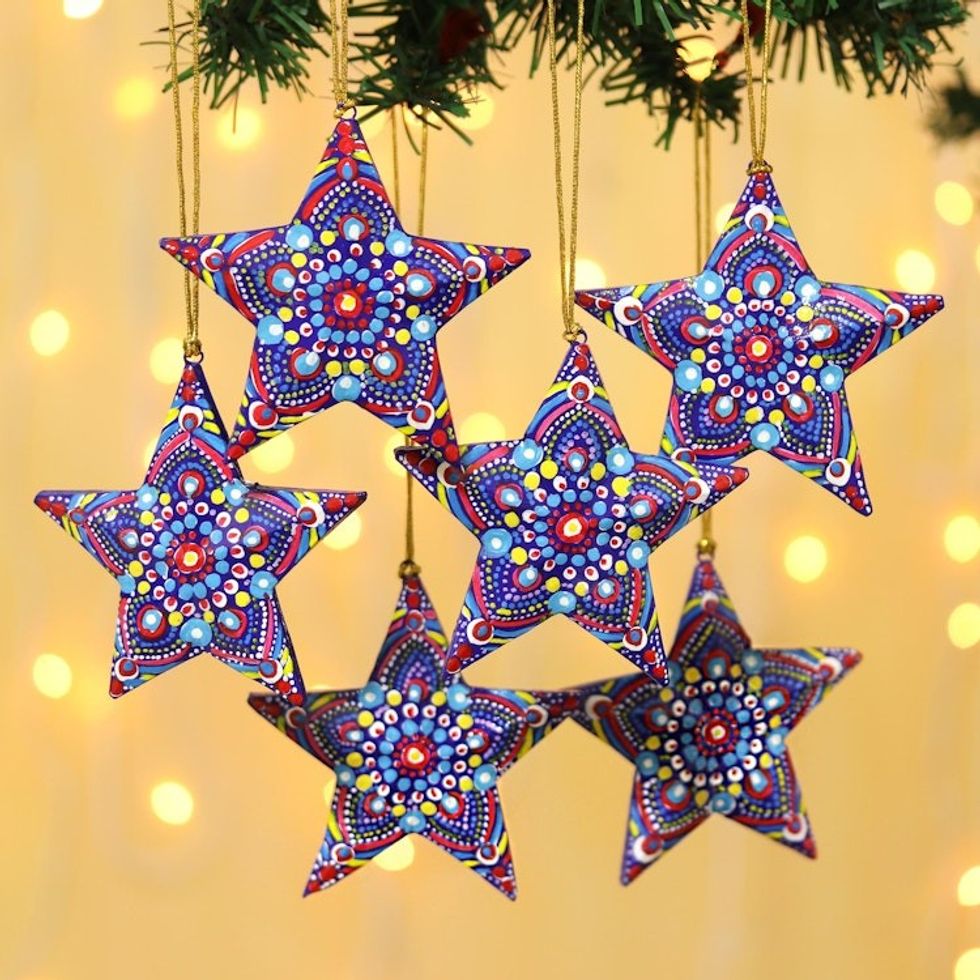 Handmade Star Ornaments from India Set of 6 'Cheerful Stars'