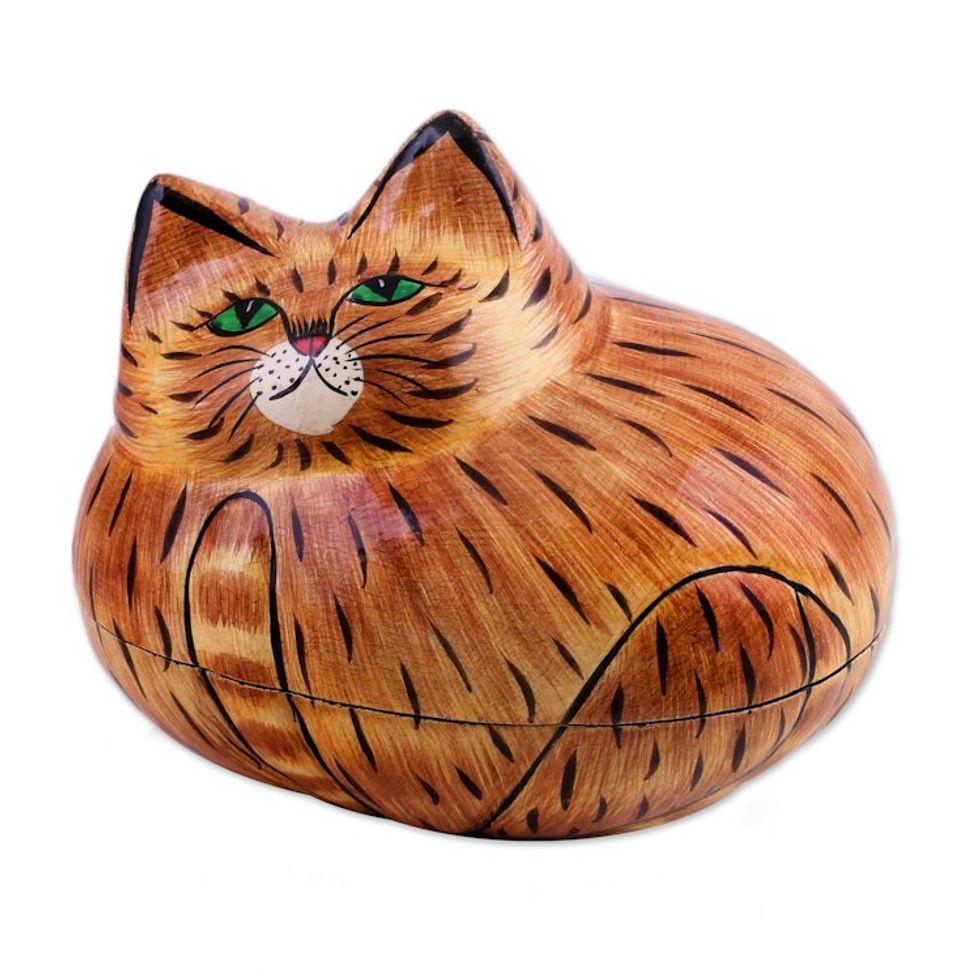 Brown Papier Mache Cat Decorative Box from India 'Comfy Cat'