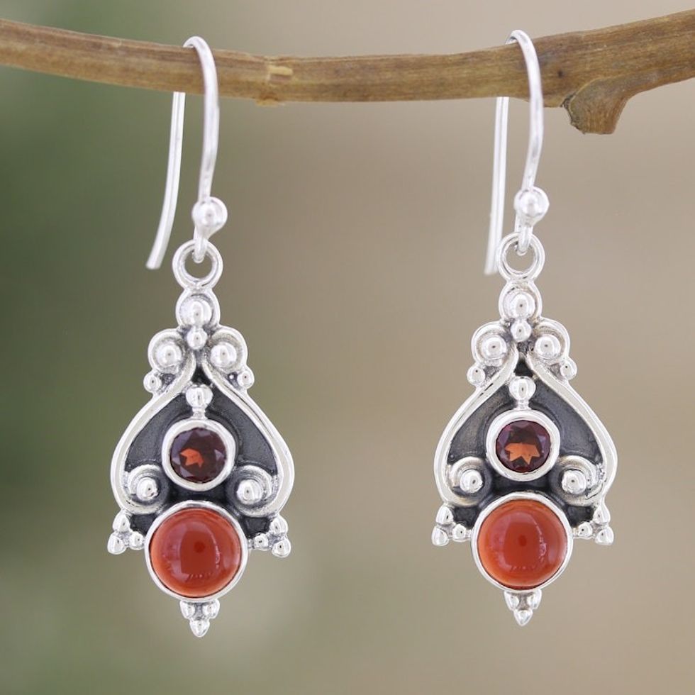 Sterling Silver Dangle Earrings with Carnelian and Garnet 'Lovely Red'