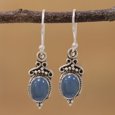 Alternate image for Blue Chalcedony and 925 Silver Dangle Earrings from India Elegant Gloss in Blue