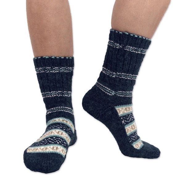Alternate image for Hand-Knit Midnight Blue Thick Slipper Style Socks from India Midnight Frost
