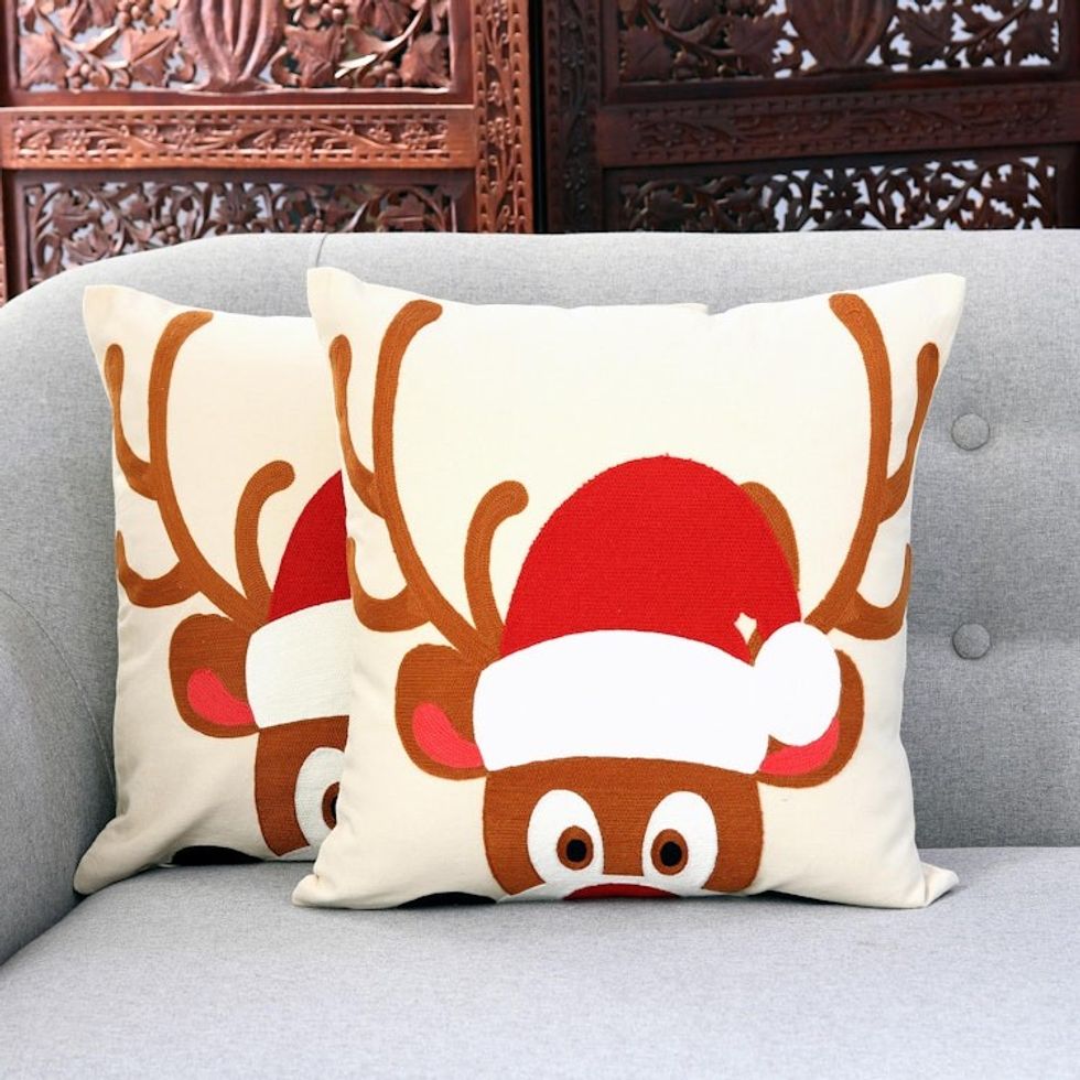 Reindeer-Themed Cotton Cushion Covers from India Pair 'Whimsical Reindeer'