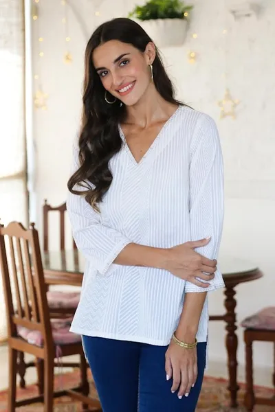 Alternate image for Striped Block-Printed Cotton Tunic with Kantha Stitching Variety of Stripes