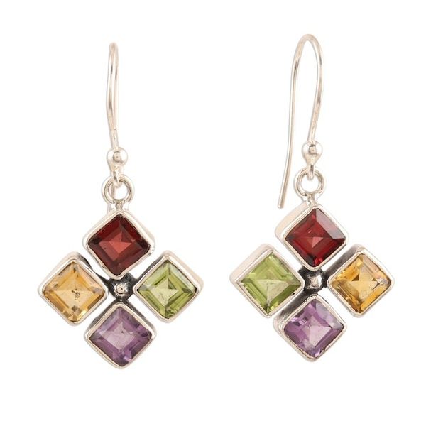 Alternate image for Multicolored Gemstone Flower Dangle Earrings Sparkling Flower