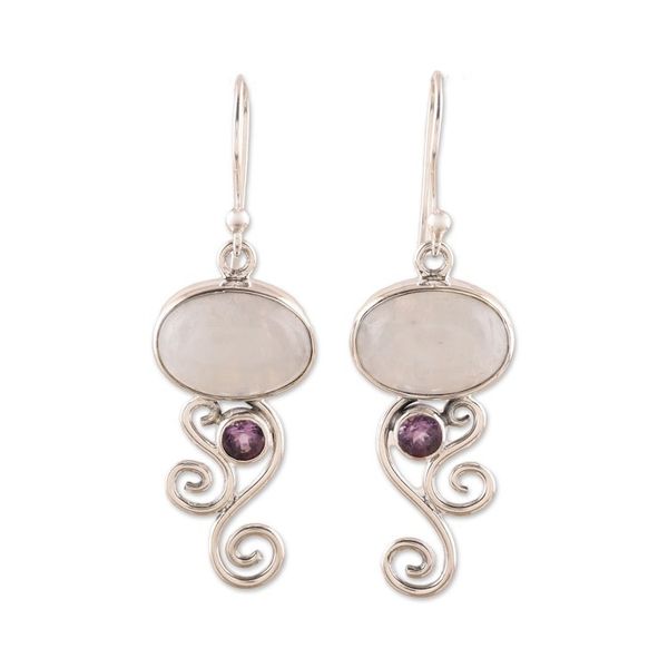 Alternate image for Rainbow Moonstone and Amethyst Earrings from India Oval Tendrils