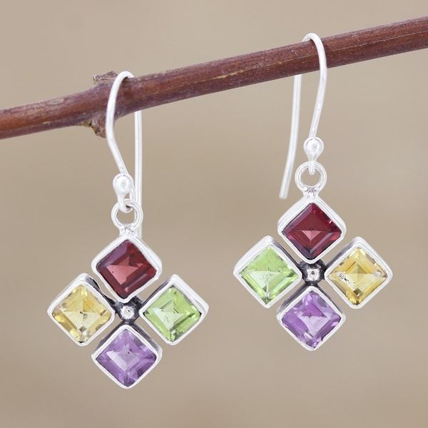 Alternate image for Multicolored Gemstone Flower Dangle Earrings Sparkling Flower
