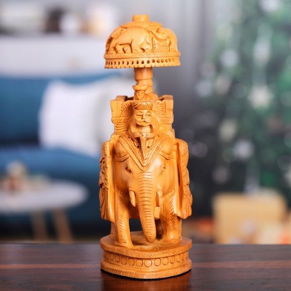 Alternate image for Hand-Carved Classic Elephant Kadam Wood Sculpture Small Majestic Heritage