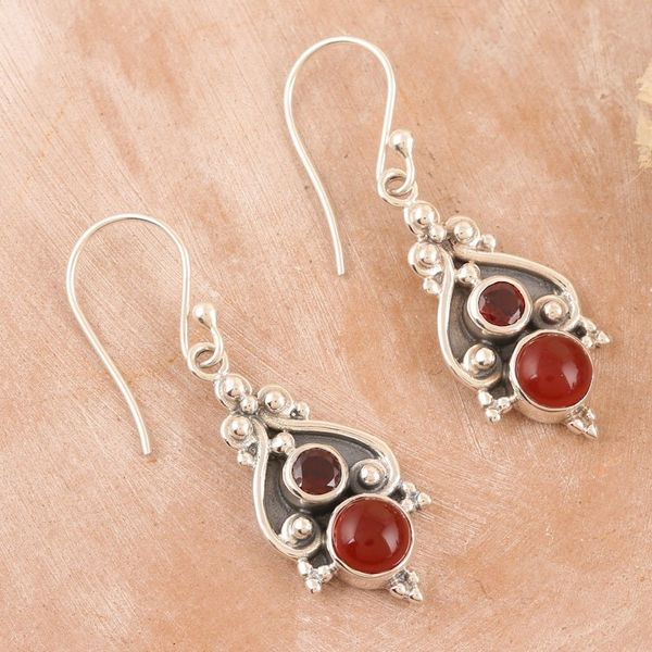 Alternate image for Sterling Silver Dangle Earrings with Carnelian and Garnet Lovely Red
