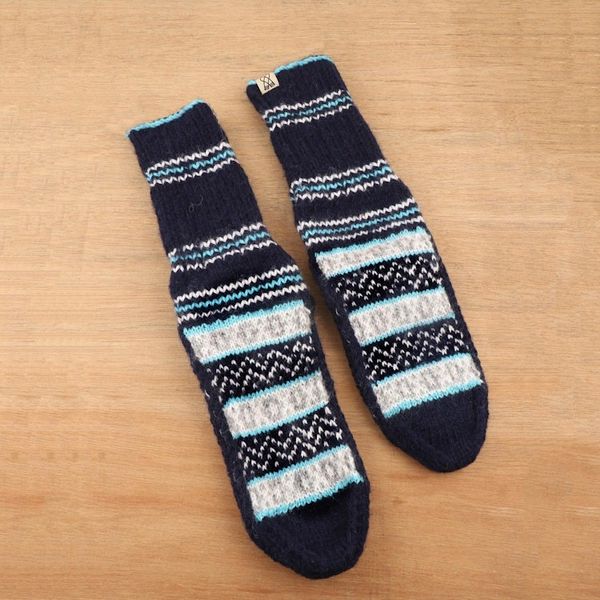 Alternate image for Hand-Knit Midnight Blue Thick Slipper Style Socks from India Midnight Frost