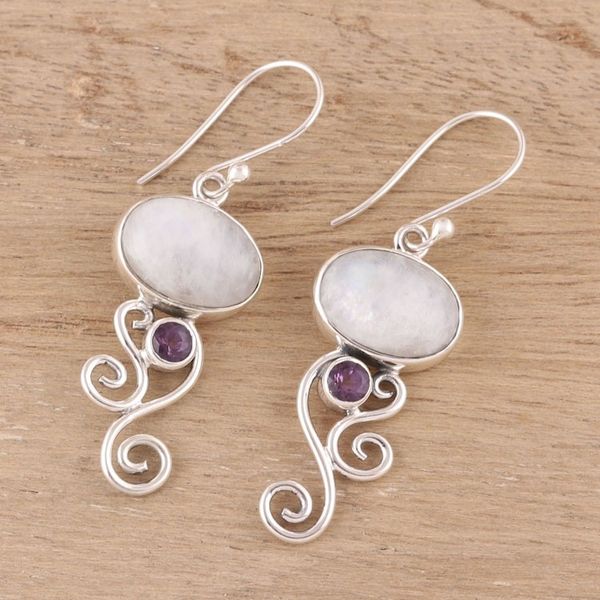 Alternate image for Rainbow Moonstone and Amethyst Earrings from India Oval Tendrils