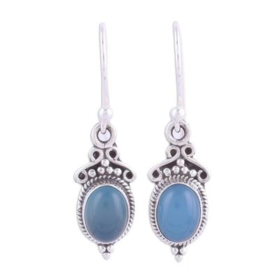 Alternate image for Blue Chalcedony and 925 Silver Dangle Earrings from India Elegant Gloss in Blue