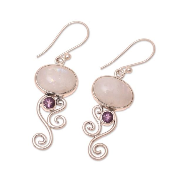 Alternate image for Rainbow Moonstone and Amethyst Earrings from India Oval Tendrils