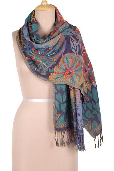 Alternate image for Floral Embroidered Wool Shawl Handcrafted in India Garden Fantasy