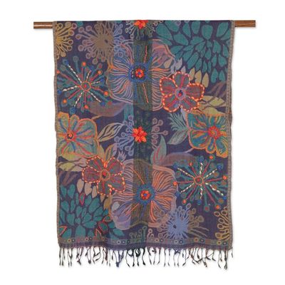 Alternate image for Floral Embroidered Wool Shawl Handcrafted in India Garden Fantasy