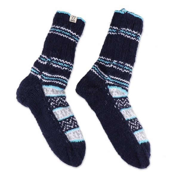 Alternate image for Hand-Knit Midnight Blue Thick Slipper Style Socks from India Midnight Frost