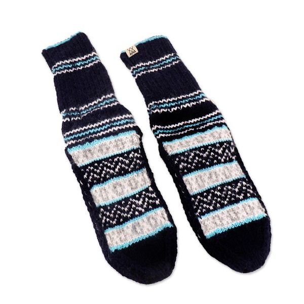 Alternate image for Hand-Knit Midnight Blue Thick Slipper Style Socks from India Midnight Frost