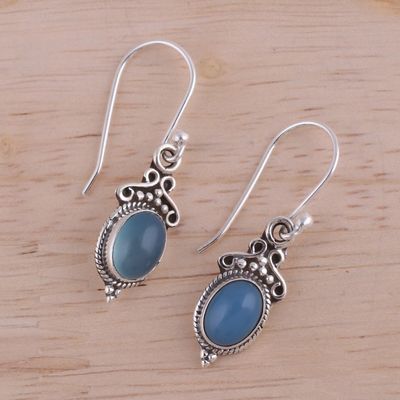 Alternate image for Blue Chalcedony and 925 Silver Dangle Earrings from India Elegant Gloss in Blue