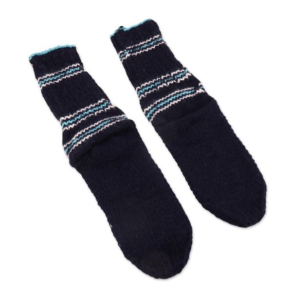Alternate image for Hand-Knit Midnight Blue Thick Slipper Style Socks from India Midnight Frost
